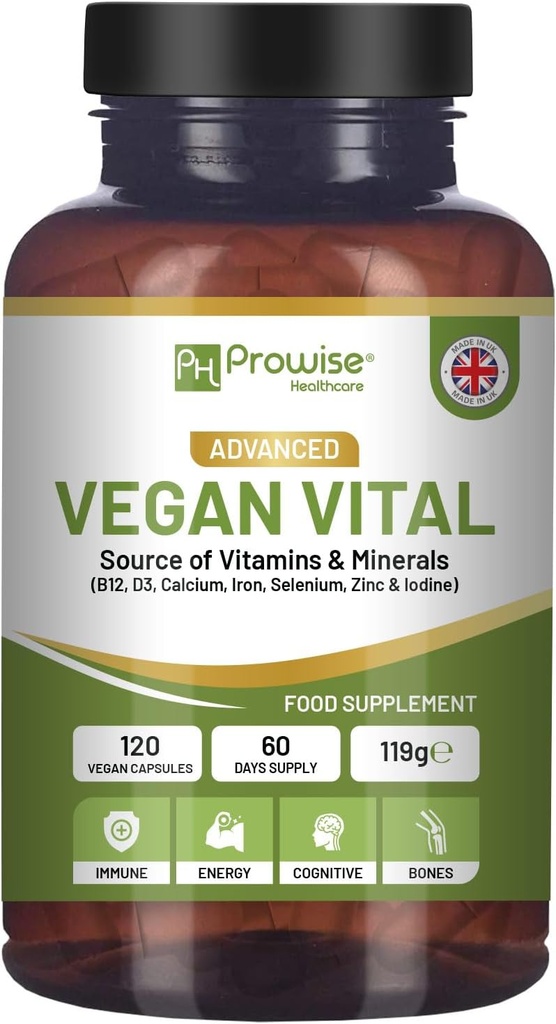 Vegan Vital Multivitamins and Minerals | 120 Vegan Multivitamin Capsule | Calcium, Vitamin B12, Vitamin B2, Vitamin D3, Selenium, Iodine, Zinc & Iron | by Prowise Healthcare