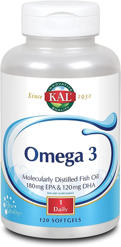 KALオメガ3 | ヘルシーハート、ジョイント&ブレインサポート用オメガ3フィッシュオイル | 180mg EPA、120mg DHA(120 CT、120 Serv)