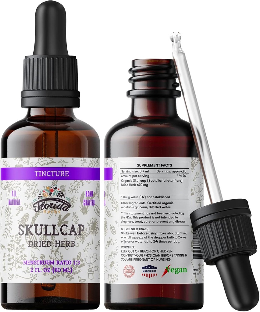 Skullcap Tincture、有機Skullcap Extract、Skullcap Drops(Scutellaria lateriflora)乾燥ハーブ2 0z(60ml)