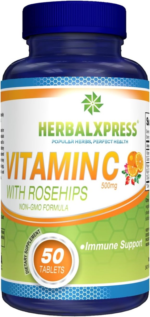 Herbalxpress Vitamin C 500mg with Rose HIPS, Ascorbic Acid & Citrus Bioflavonoids 50 Tablets (1 Tub) - The Powerful Duo:- A Complementary Approach to Boost Your Immune System.