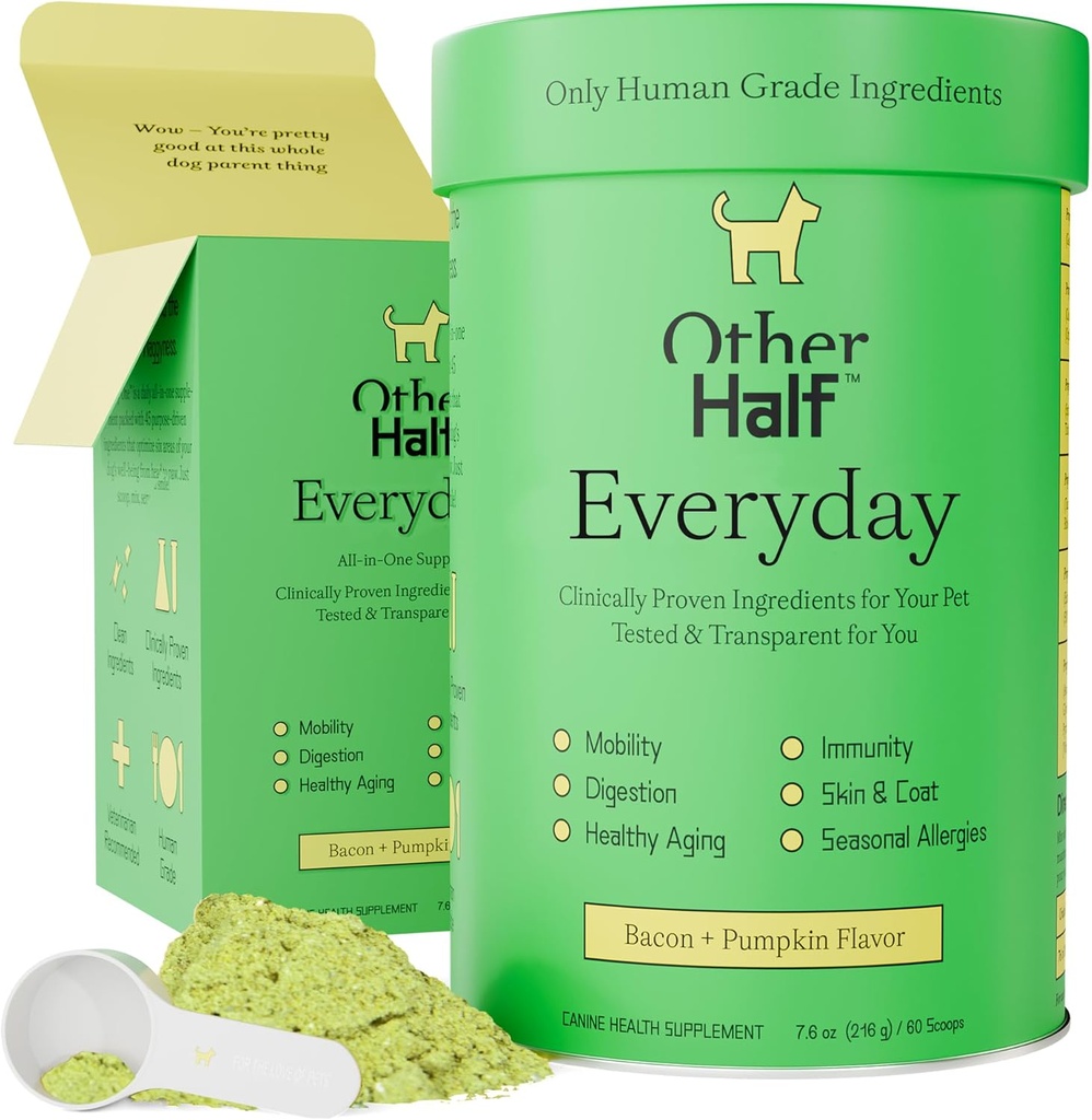Other Half Everyday - Dog Multivitamin Supplement - Daily Joint, Gut, Allergy, Immune, Urinary Tract Support, Skin, Coat & More - Glucosamine, Chondroitin, Omega 3 & Probiotics | 45 Active Ingredients