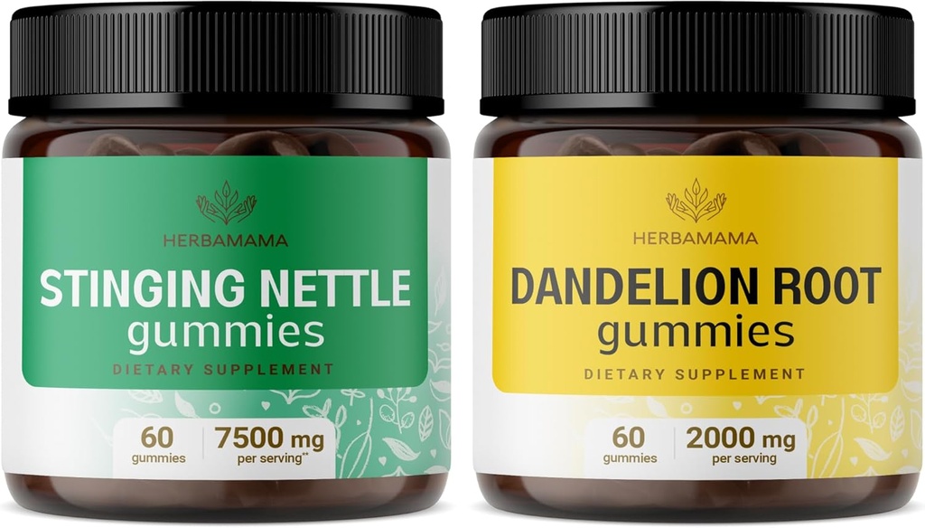 HERBAMAMA Stinging Nettle and Dandelion Kit - Bundle of 7500 mg Stinging Nettle Root & 2000 mg Dandelion Root Gummies - Vegan, Non-GMO, Gelatin-Free - 2 Pack