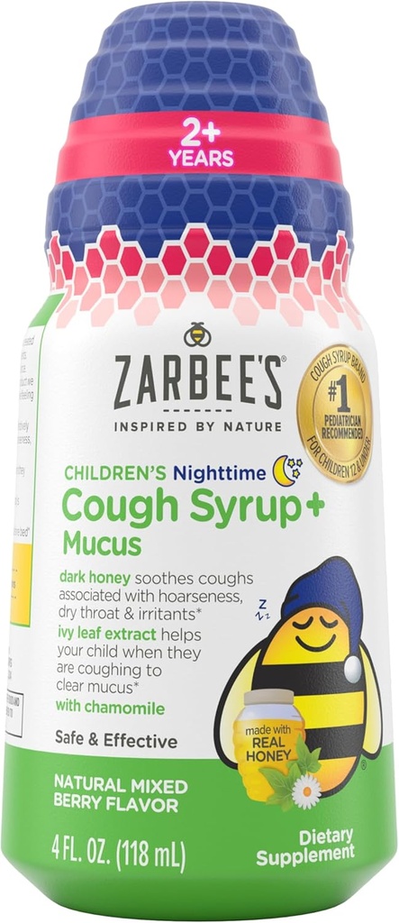 Zarbee's Children's Nighttime Honey Cough Syrup + Mucus for Kids 2 + Dark Honey、Ivy Leaf、Chamomile、#1 Pediatrician 推奨、ドラッグ&アルコールフリー、ミックスベリー、4 fl。 oz