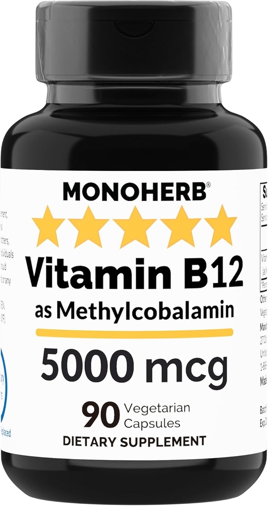 MONOHERBのビタミンB12のMethylcobalamin 5000のmcg - 90のベジタリアンのカプセル- B12のメチル