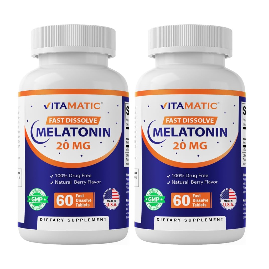 ヴィタマチック2パック高効力メラトニン20mg - 60高速解体タブレットトータル高速機能睡眠サポート - ナチュラルベリー味 | ベジタリアン
