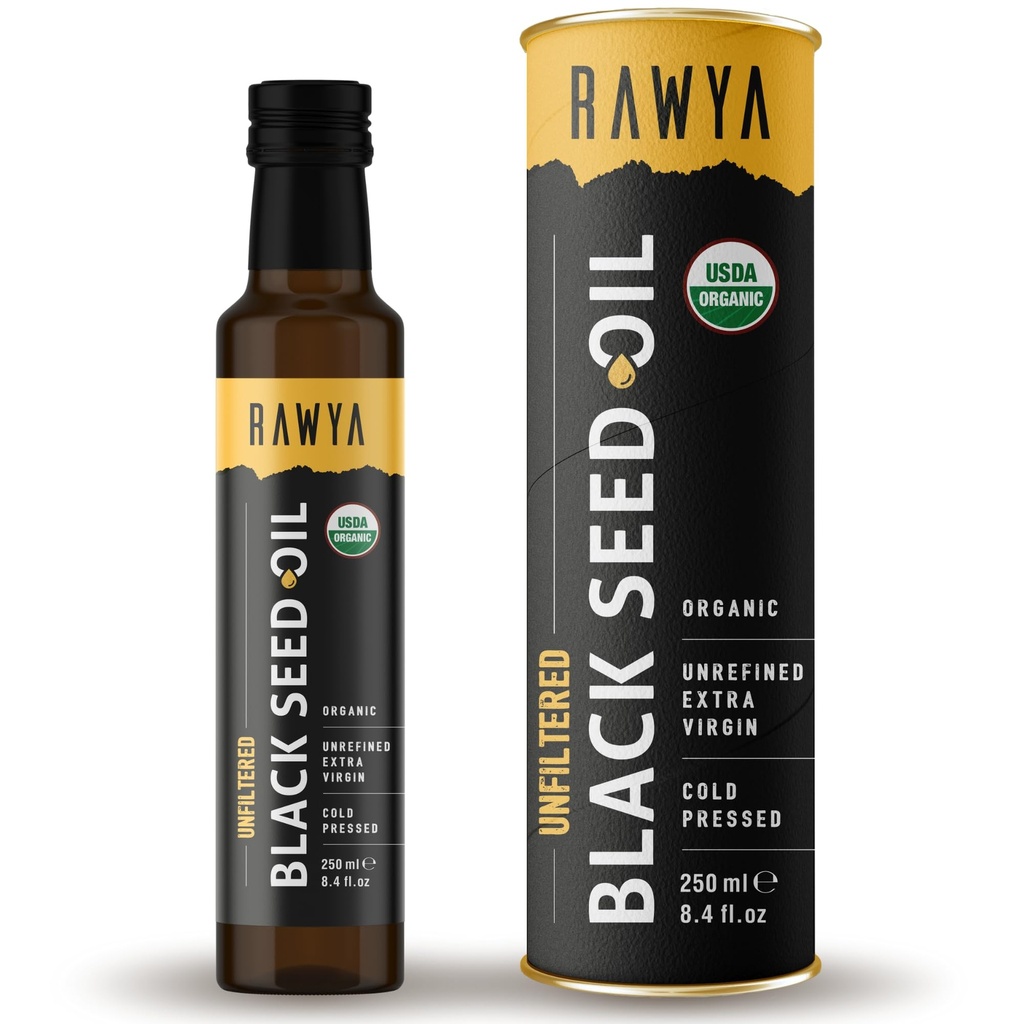 RAWYAの黒の種油-ろ過されていない-完全なスペクトル- 8.4のflのoz -Organicの風邪押された、Nigella Sativa - USDAの有機性-自然な補足-黒いCuminの種油-強い味及び高い集中-ガラス ビン
