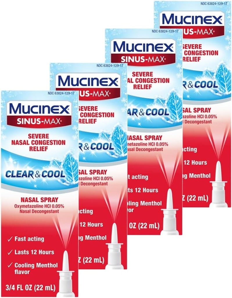 Mucinexの鼻のDecongestantのスプレー、Sinus最高のSevereの鼻の混雑の救助のゆとり及び涼しい鼻のスプレー、Lasts 12時間、速い行為、冷却のMentholの味、包装5月Vary、0.75 Fl Oz (4のパック)