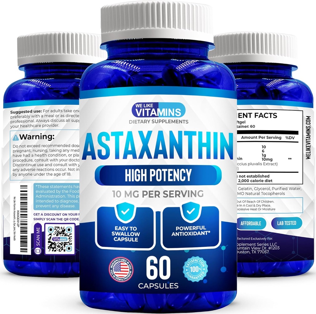 We Like Vitamins Astaxanthin 10mg Softgel - Highly Potent Astaxanthin Supplements from Haematococcus Pluvialis - Improves Eye, Joint, Skin Health & Energy Levels - 60 Count, 2 Month Supply