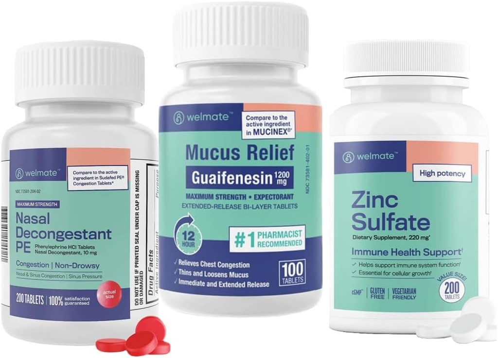 WELMATEの最終的な風邪及びアレルギーの救助の束:最高の強さのGuaifenesin 1200 Mg Mucusの救助(100のタブレット)、Phenylephrine HCl 10のmgの鼻のDecongestant (200のタブレット)及び亜鉛硫酸塩220mg