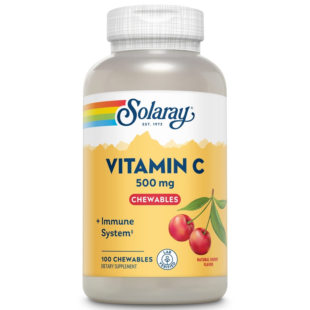 SOLARAYのChewableのビタミンC 500のmgの自然な甘味料、全フードの基盤、60日の保証、100のサービング、100のChewablesの酸化防止および免疫サポート補足が付いている自然なチェリーの味
