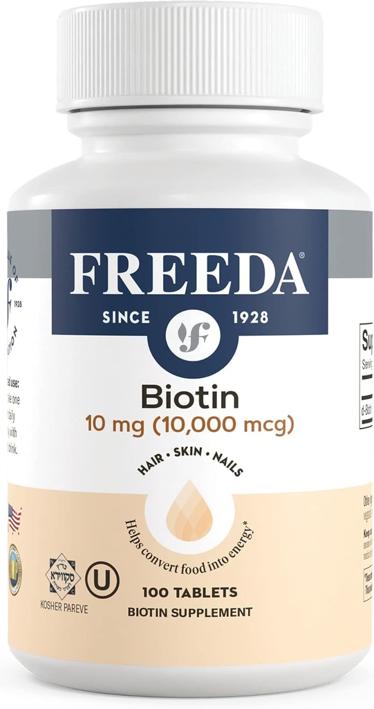 FREEDA Biotin 10,000 mcg – Kosher Hair, Skin & Nails Supplement – High-Potency B7 for Hair Growth & Strong Nails – Vegan Tablets with D-Biotin – 100 Tiny Tablet