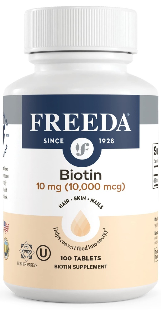FREEDAビオチン10,000 mcg – コーシャの髪, 皮膚 & 爪のサプリメント – 毛の成長と強力な爪のための高周波B7 – Dビオチンとビーガンタブレット – 100 小さなタブレット