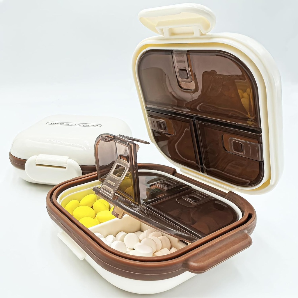 7つの大きなコンパートメントを備えた折り畳み式の小さなピルケース、財布、旅行ピルオルガナイザーピルコンテナピルホルダー、ビタミン、サプリメント、医薬品(ベージュ)