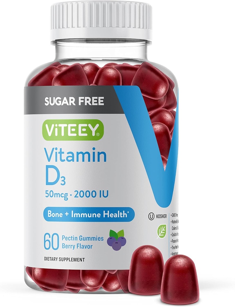 大人とティーンのためのビタミンD3グミー - 2,000 IU、50mcg - 砂糖無料、骨、関節と筋肉の健康、免疫ブースト - ベジタリアン、ゼラチン無料、GMO無料 - おいしいChewableベリー風味のGummy