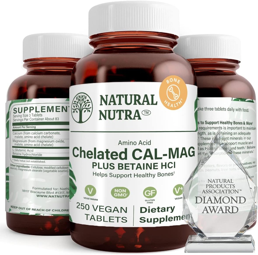 自然なNutraはカルシウム マグネシウム1000/500のmgの補足を- Betaine HCL - Chelated Cal Magは骨密度、サポート筋肉、歯、心血管及び神経の健康、250のビーガン タブレット重なります