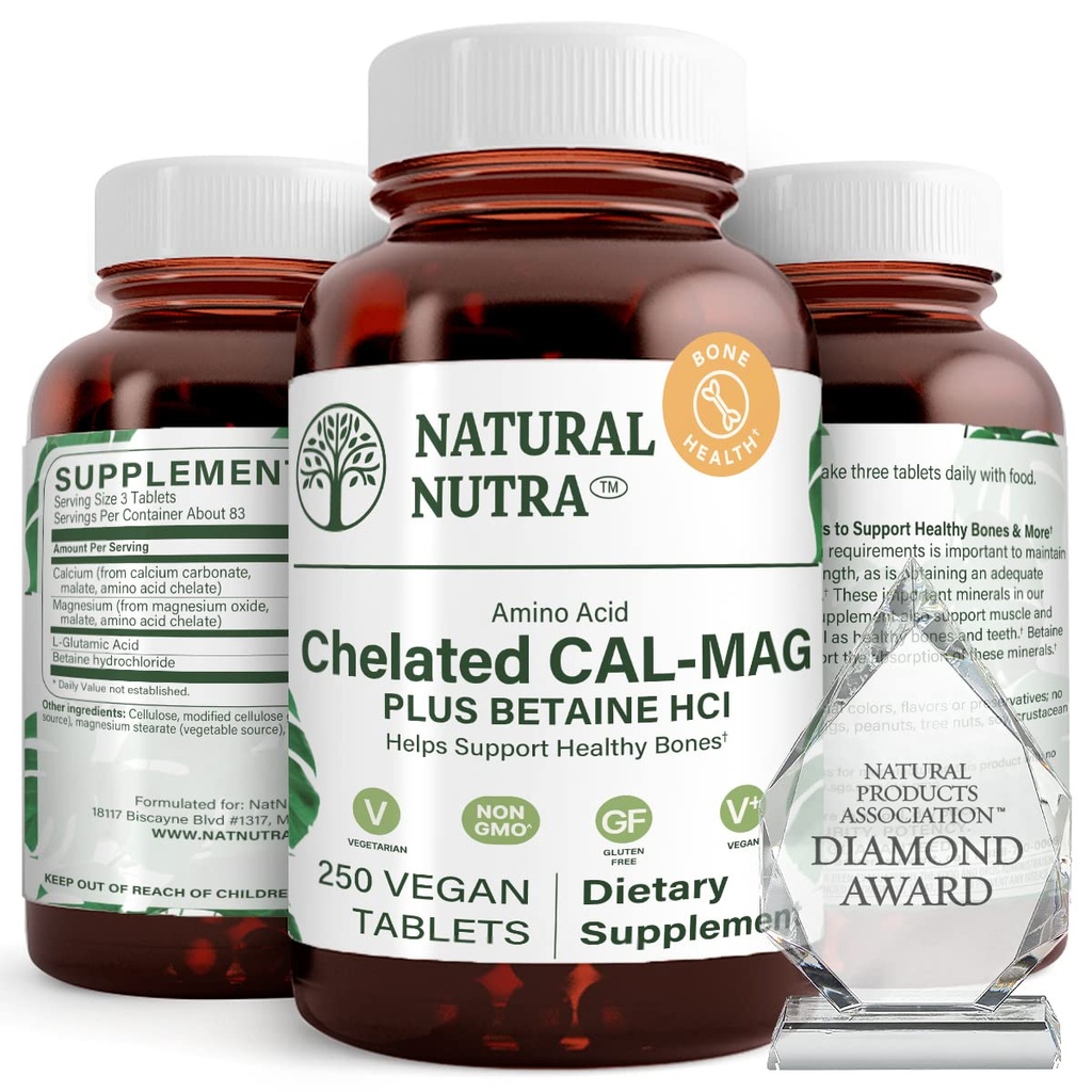 自然なNutraはカルシウム マグネシウム1000/500のmgの補足を- Betaine HCL - Chelated Cal Magは骨密度、サポート筋肉、歯、心血管及び神経の健康、250のビーガン タブレット重なります
