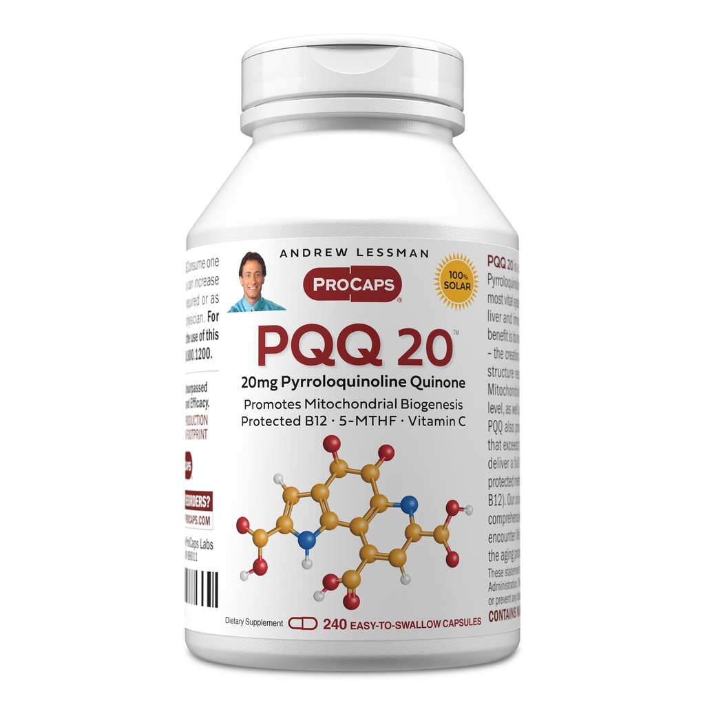 ANDREW LESSMAN PQQ 20mg - 240 Capsules - 20mg Pyrroloquinoline Quinone, Natural Protective Compound Supports Vital Organs, Heart, Brain, Liver, Immune System. Mitochondrial Biogenesis, No Additives