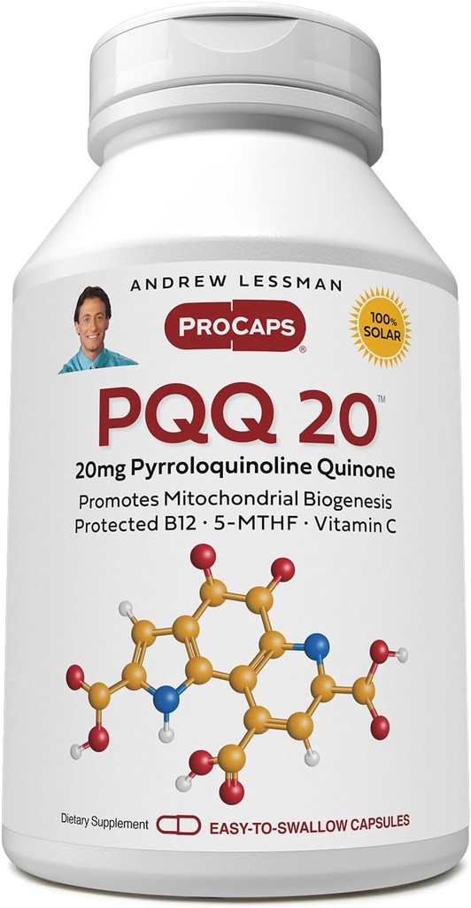 ANDREW LESSMAN PQQ 20mg - 240 Capsules - 20mg Pyrroloquinoline Quinone, Natural Protective Compound Supports Vital Organs, Heart, Brain, Liver, Immune System. Mitochondrial Biogenesis, No Additives