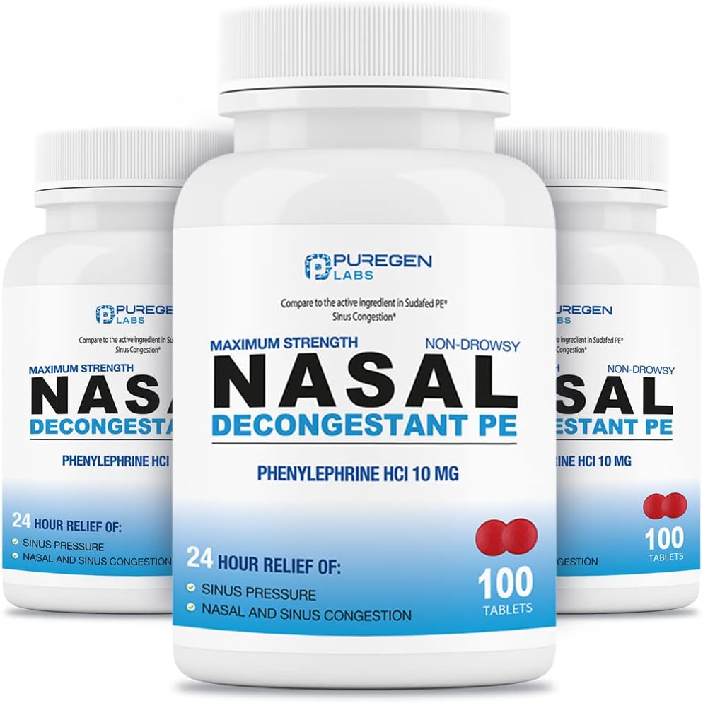 ピュアゲンラボ ナザルデカンスタント PE 3 パック - 300 錠 合計 | フェニレフリン HCl 10 mg | 最大強度 | 寒冷やアレルギーによる非ダシーナサル&シヌスの混雑緩和