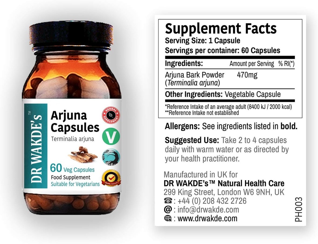 DR WAKDEのArjunaカプセル(Terminalia arjuna) | 60 ベジキャップ | Ayurvedic Supplement | ヴィーガン | 100% ハーブ | 数量割引 | 当日発送