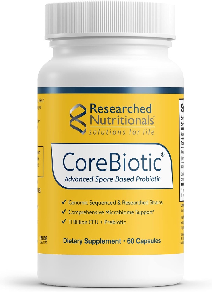 Researched Nutritionals Gut Health Supplements with Prebiotics & Probiotics for Women & Men - CoreBiotic - 3 Spore Based Probiotic Strains + Organic Prebiotic Fiber - Shelf-Stable (60 Capsules)