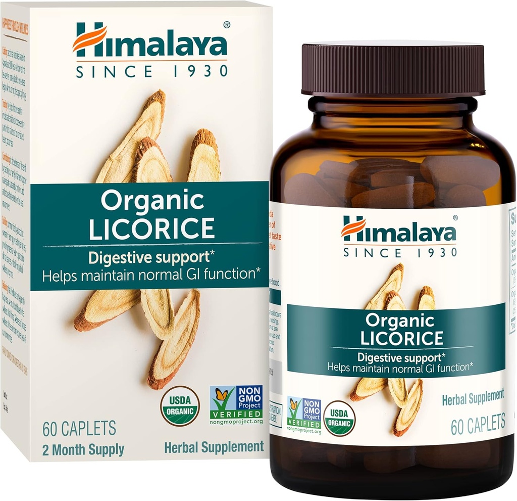 Himalaya Organic Licorice, 60 Day Supply - Digestive Health Supplement for Upset Stomach Relief and Occasional Bloating and Heartburn - USDA Organic, Vegan, Non-GMO, Non-DGL, Gluten Free, 60 Caplets