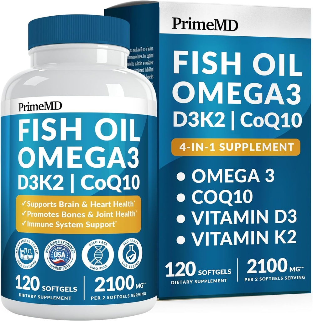 4-in-1魚油オメガ3脂肪サプリメント(2100mg) - Omega 3ビタミンD3 K2とCoQ10 - レモン風味(120ソフトジェル)