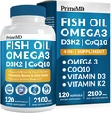 4-in-1魚油オメガ3脂肪サプリメント(2100mg) - Omega 3ビタミンD3 K2とCoQ10 - レモン風味(120ソフトジェル)