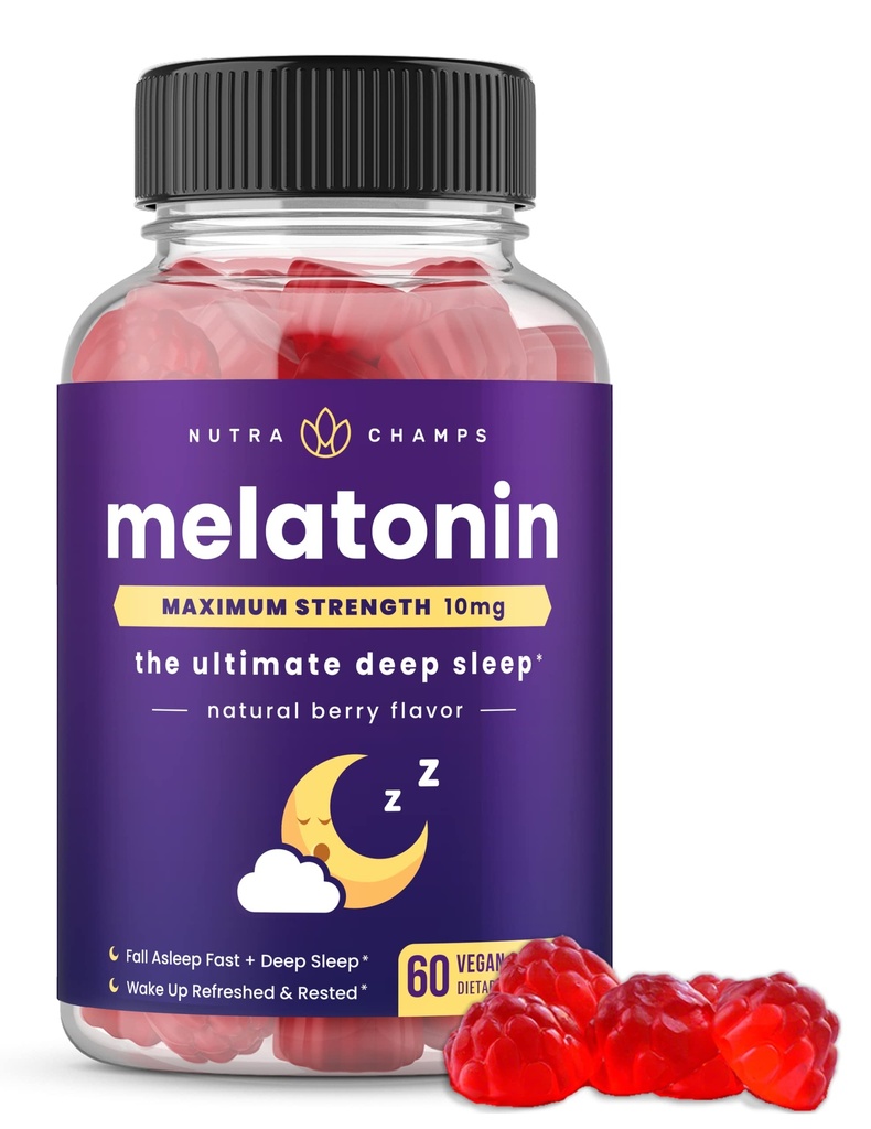 大人のためのNuttraChampsのMelatoninのガミー、余分強さの睡眠の援助のビタミン、5mgか10mgの線量、よりよい睡眠のためのビーガン自然ないちごの味の補足、健康な睡眠周期、60のガミー