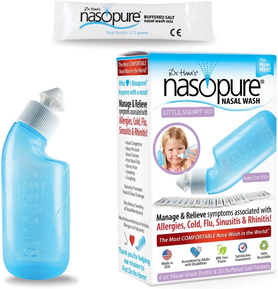 Nasopureの鼻の洗浄、少しのスクワットのキット、「The Nicer Neti Pot」のSinusの洗浄のキット、快適な鼻のリンス4 Ozのびん及び20の塩の小包(各3.75 Gr)、鼻の混雑、風邪、アレルギー、鼻の潅漑