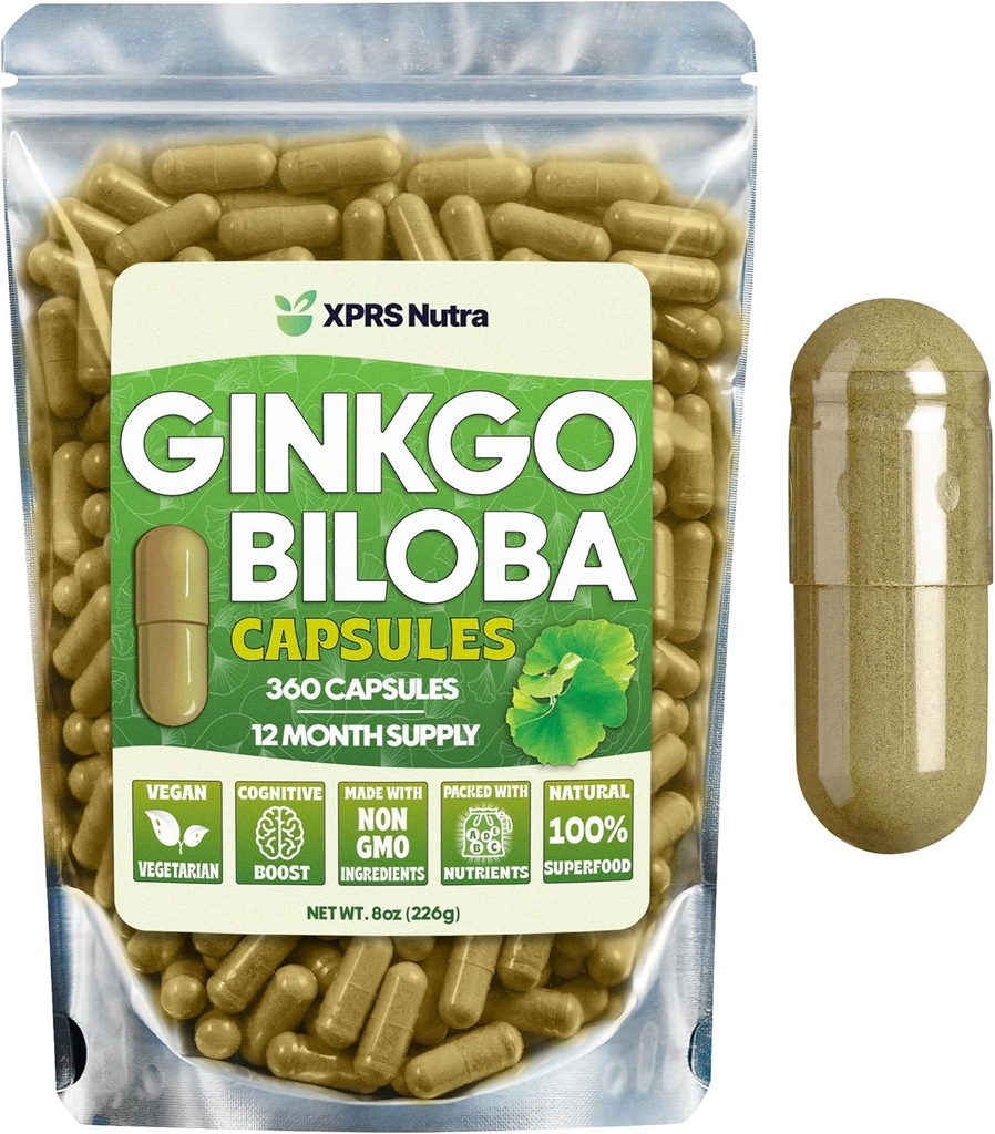 XPRS Nutra Ginkgo Biloba カプセル - Gingko Biloba 認知のためのカプセル化されたサプリメント - ビーガンフレンドリーな Ginkoba Biloba - 免疫ブースト Ginkgo Biloba カプセル - 360 カウント