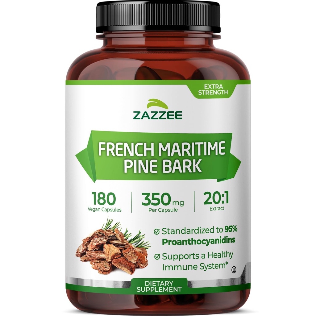 Zazzeeの余分強さのフランスのマリタイムのパインの吠え声20:1のエキス、カプセルごとの350のmg、180のビーガン カプセル、95% Proanthocyanidins、コザー、6か月の供給、標準化された20Xのエキス、米国でなされる非GMO