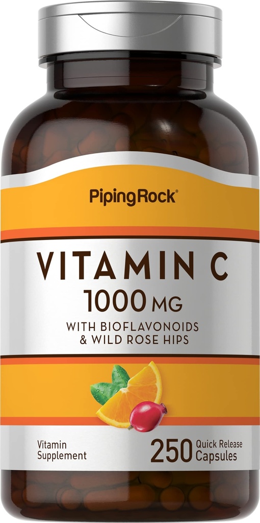 ピッピングロックビタミンC 1000mg | 250カプセル | バイオフラボノイドとローズヒップ | 女性と男性のためのサプリメント | 非GMO、グルテンフリー