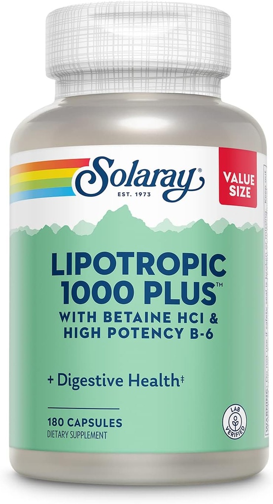 SOLARAY Lipotropic 1000 Plus with Betaine HCl & High Potency B-6, 健康な消化, エネルギー, 脂肪代謝サポート, 脂肪代謝コンプレックスプラスアロエベラ, 60 日保証, 30 サービング, 180 カプセル