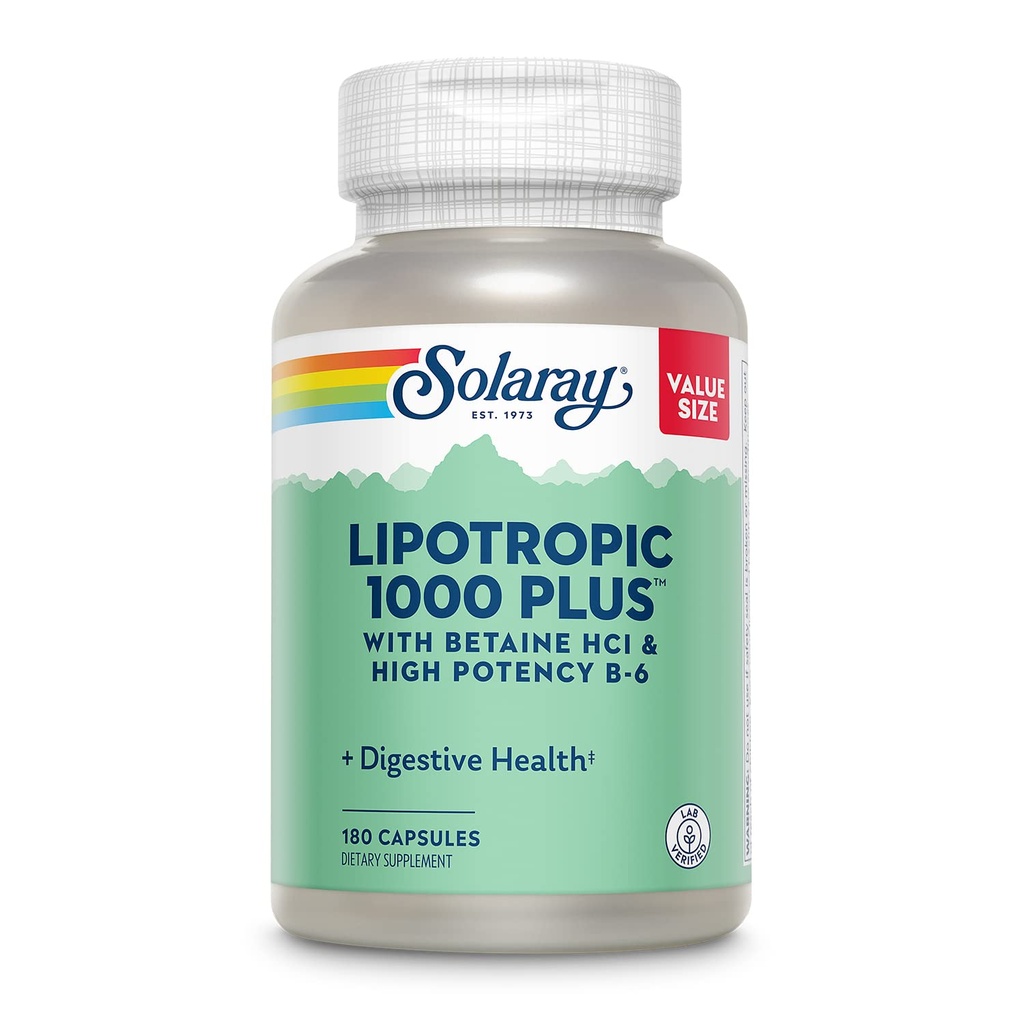 SOLARAY Lipotropic 1000 Plus with Betaine HCl & High Potency B-6, 健康な消化, エネルギー, 脂肪代謝サポート, 脂肪代謝コンプレックスプラスアロエベラ, 60 日保証, 30 サービング, 180 カプセル