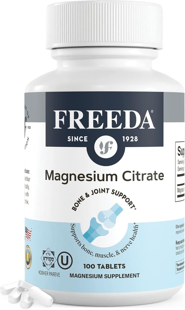 Freeda Magnesium Citrate 400 mg Coated Tablets – High Absorption Supplement for Muscle, Nerve & Relaxation Support – Vegan, Gluten-Free, Kosher – 100 Count