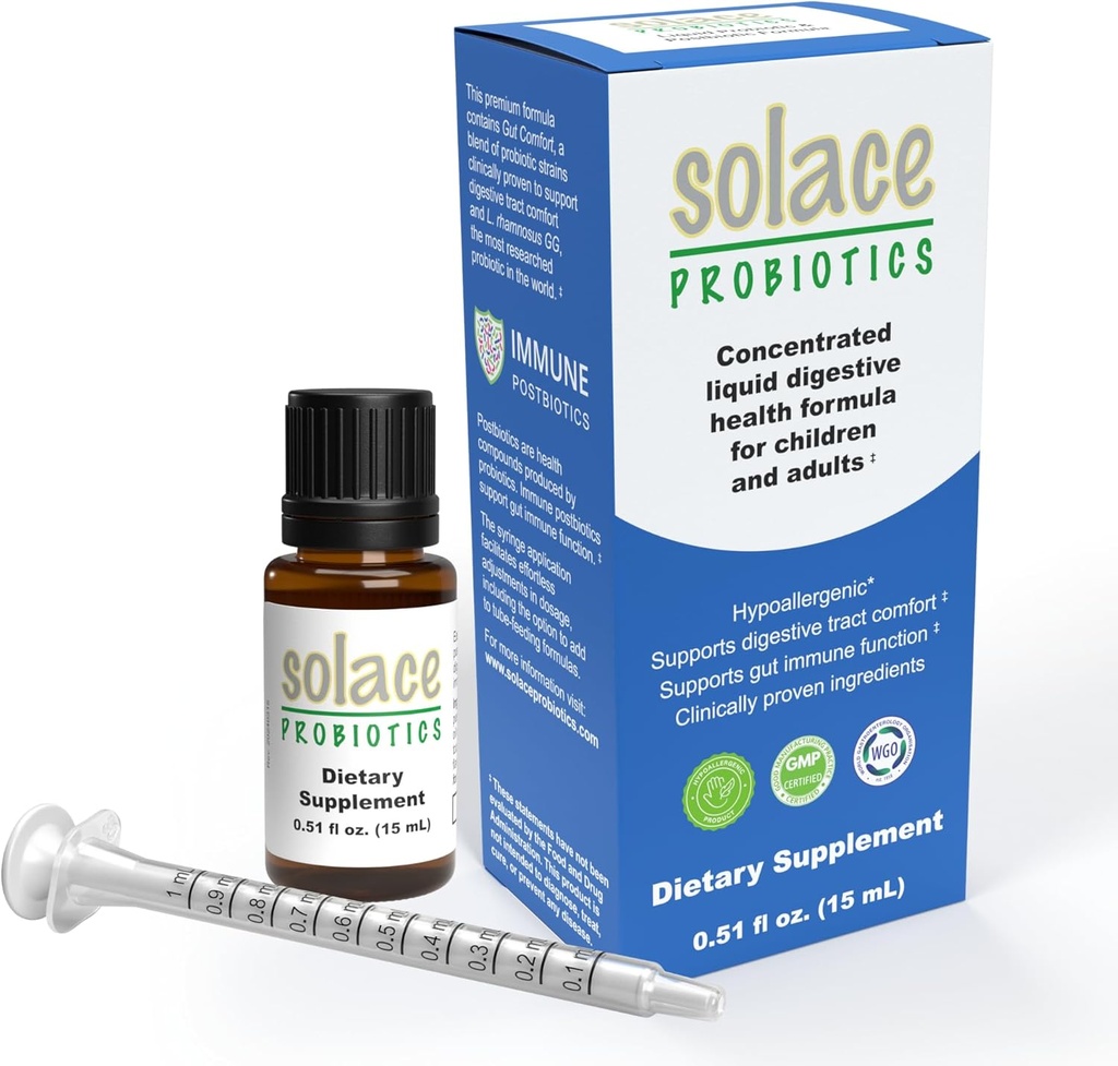 Solace Probiotics 大人と子供のための液体式 - 消化の健康と免疫、臨床的に研究、簡単なシリンジアプリケーション、低刺激性 - 15mL