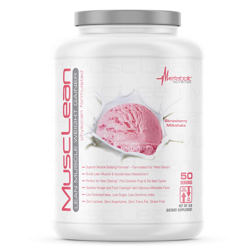 メタボリック栄養 - Musclean - Milkshake、Whey High Proteinミール補充、メンテナンス栄養、低炭水化物、ケトダイエット、消化酵素、イチゴ、5ポンド(50本)