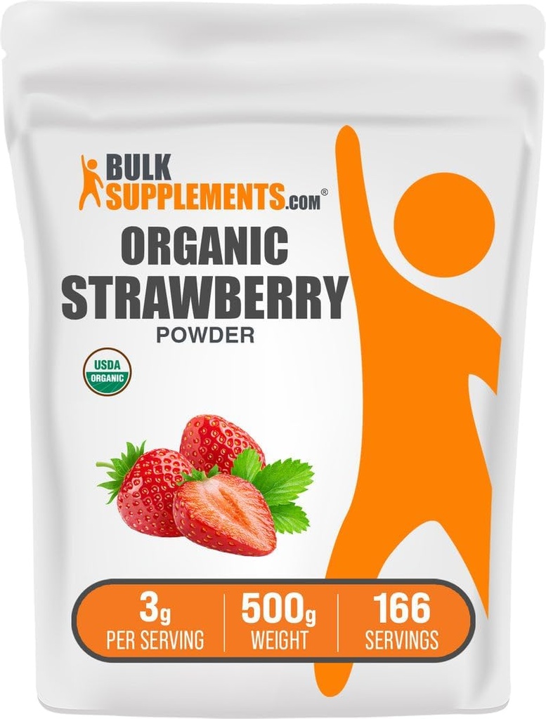 BulkSupplements.comオーガニックイチゴパウダー - オーガニックイチゴのフルーツパウダー - 砂糖なし&グルテンフリー、サービングあたり3g、500g(1.1ポンド)(パッケージ1)