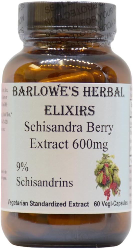 Barlowe's Herbal Elixirs Schisandra Berry | Extract | 9% Schisandrins | 600mg per Capsule | 60 Veggie Capsules | Non-GMO | Stearate Free | Glass Bottle
