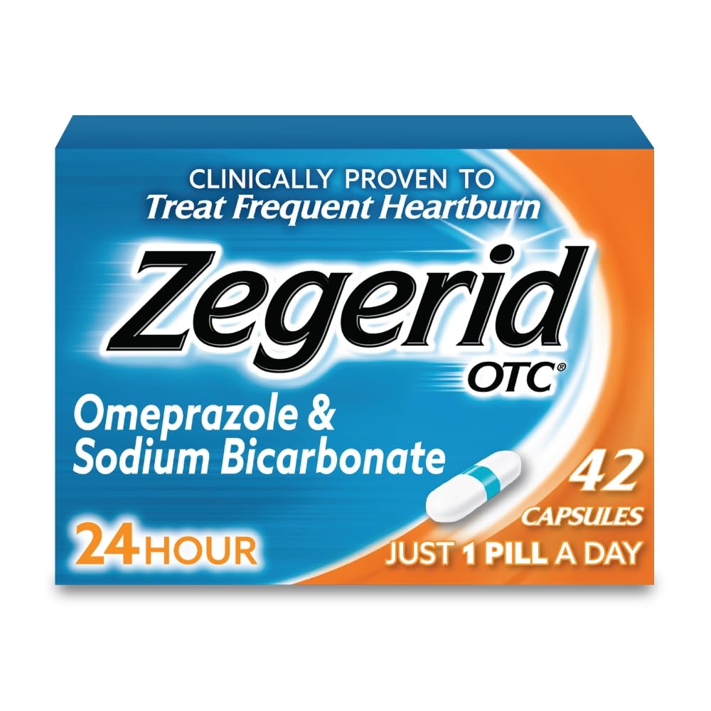 ゼジェリドOTC、24時間ハートバーンリリーフ、酸リフラックス薬およびアントエイド、Frequent Heartburn、Omeprazole 20mg +重炭酸ナトリウム、プロトンポンプ阻害剤(PPI)、42カプセル