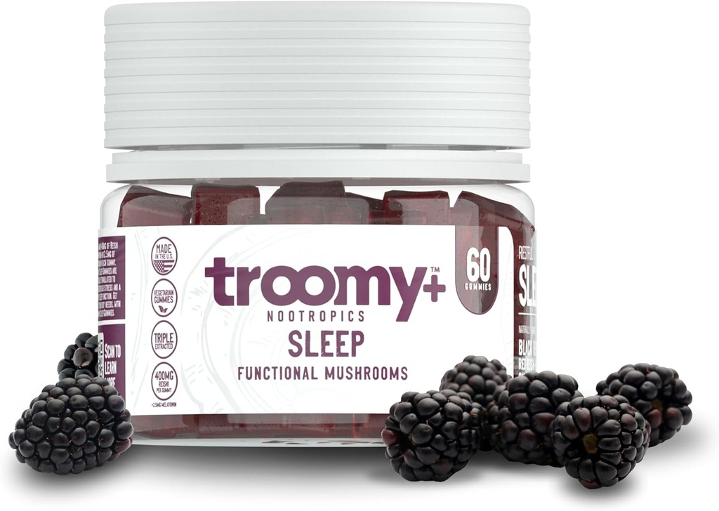 Troomy Sleep Reishi + Melatonin Great Tasting Mushroom Gummies - Supports Restful Sleep & Decrease in Stress - Black Raspberry - 60 Count