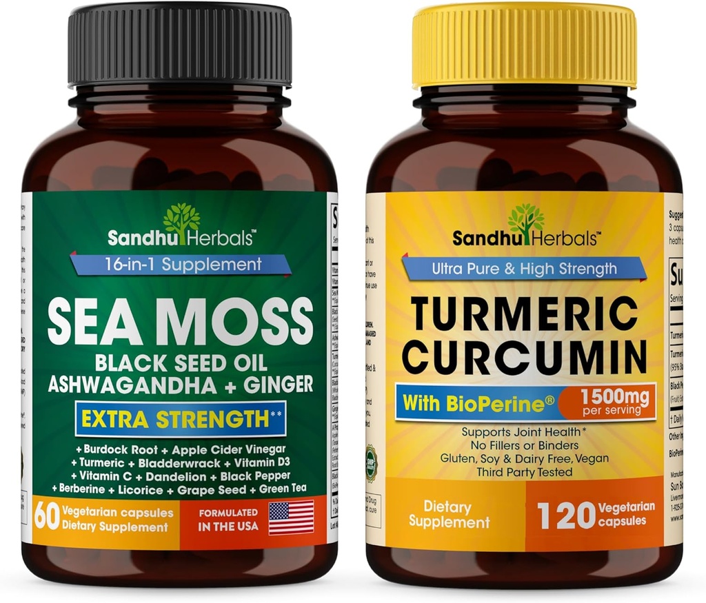 Sandhu Herbals Seamoss & Turmeric Curcumin with Bioperine Capsules | Supports Immune, Digestive, Cognitive, Skin & Hair Health