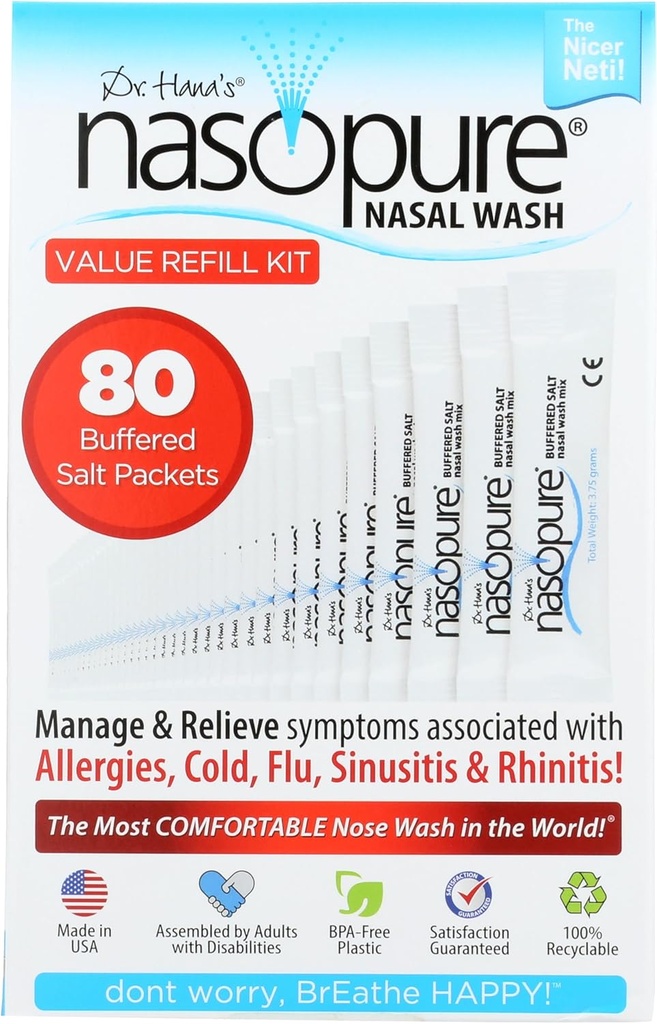 Nasopure Nasal Wash, Value Refill Kit, “The Nicer Neti Pot” Sinus Wash Kit, Comfortable Nasal Rinse 80 Salt Packets (3.75 Grams Each), Nasal Congestion, Cold, Flu, Allergy, Nasal Irrigation System
