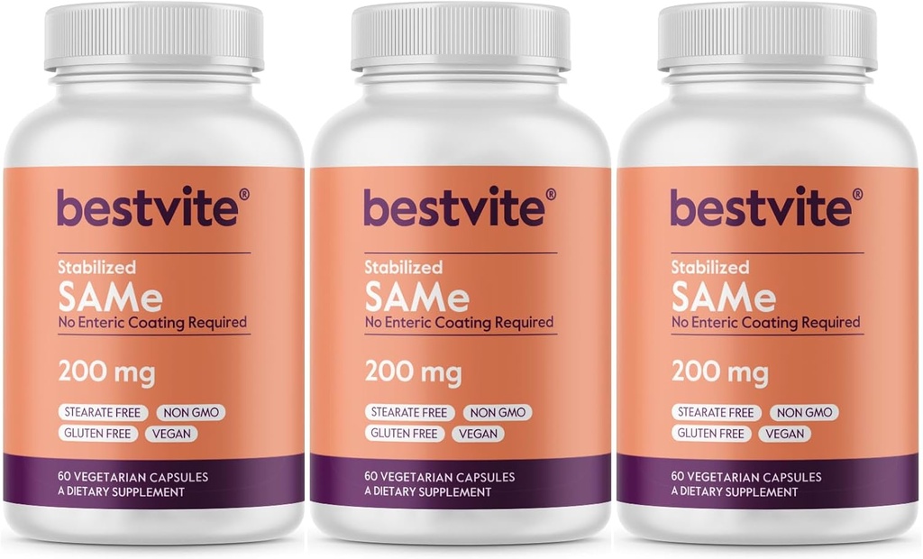 BESTVITE SAM-e 200mg 安定化(180 ベジタリアンカプセル) (3-パック) - イタリア産のプレミアム原料 75% (SS) SAM-e、利用可能な最高レベルのアクティブレベル