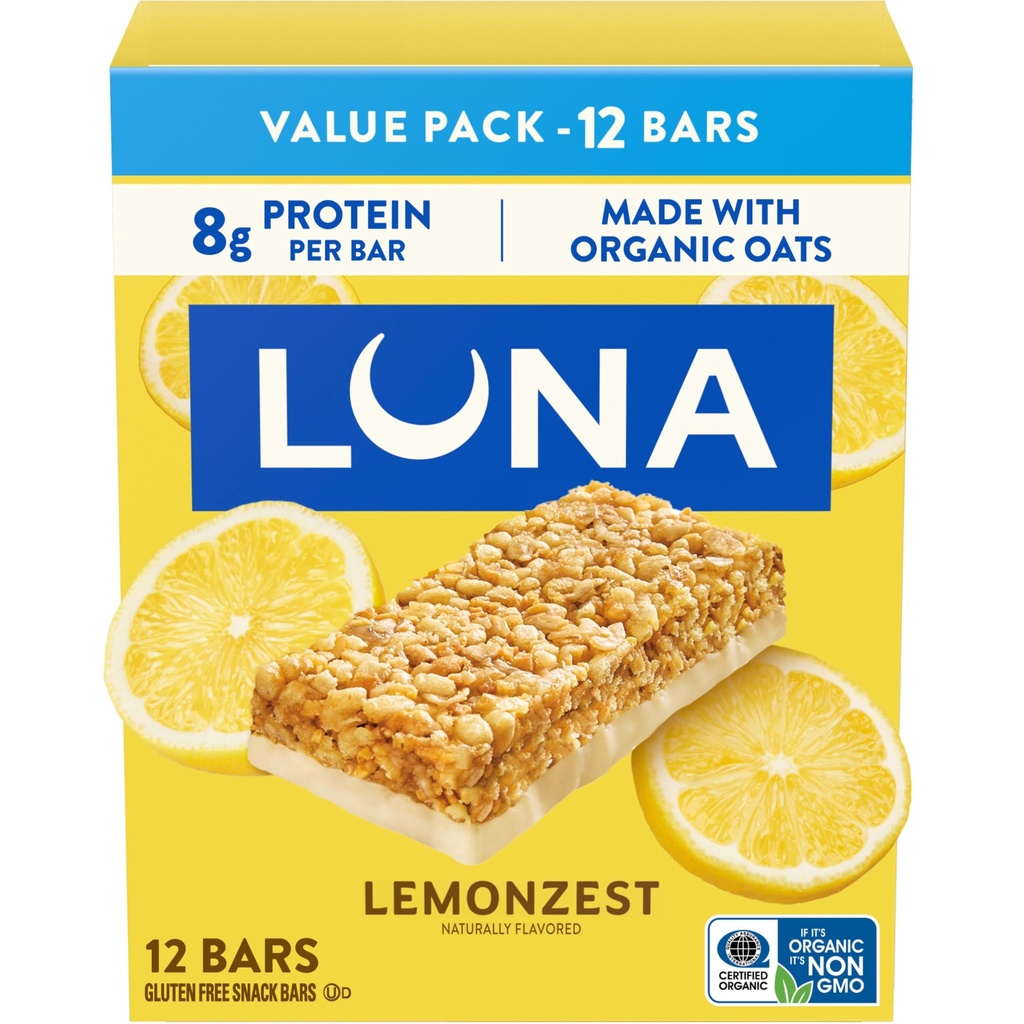 LUNAバー - LemonZestフレーバー - グルテンフリースナックバー - Non-GMO - プロテインバー - オーガニックオート麦で作られた - バリューパック(12パック)