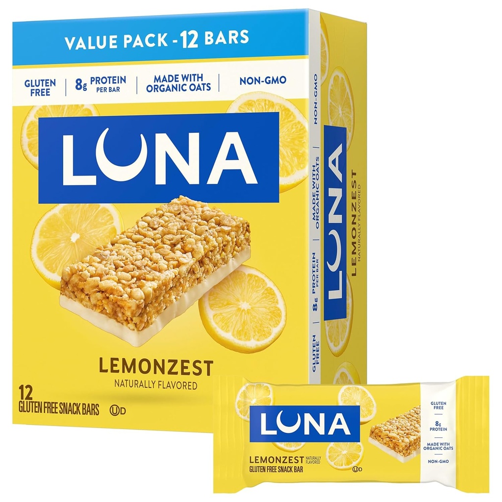 LUNAバー - LemonZestフレーバー - グルテンフリースナックバー - Non-GMO - プロテインバー - オーガニックオート麦で作られた - バリューパック(12パック)