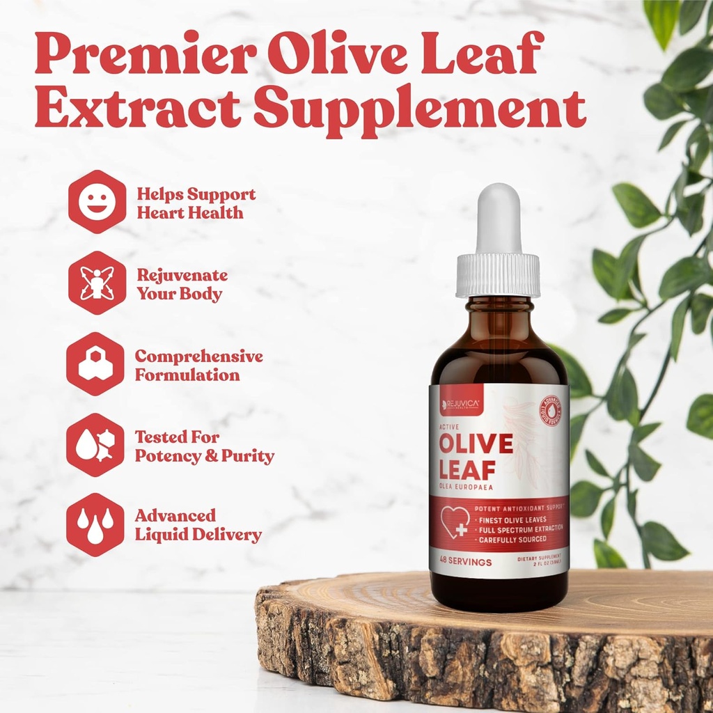 Rejuvica Active Olive Leaf Extract | Naturally Occurring Oleuropein Liquid Drops for Immune & Heart Support | Fast-Absorption, Vegan, Alcohol-Free | 4 fl oz