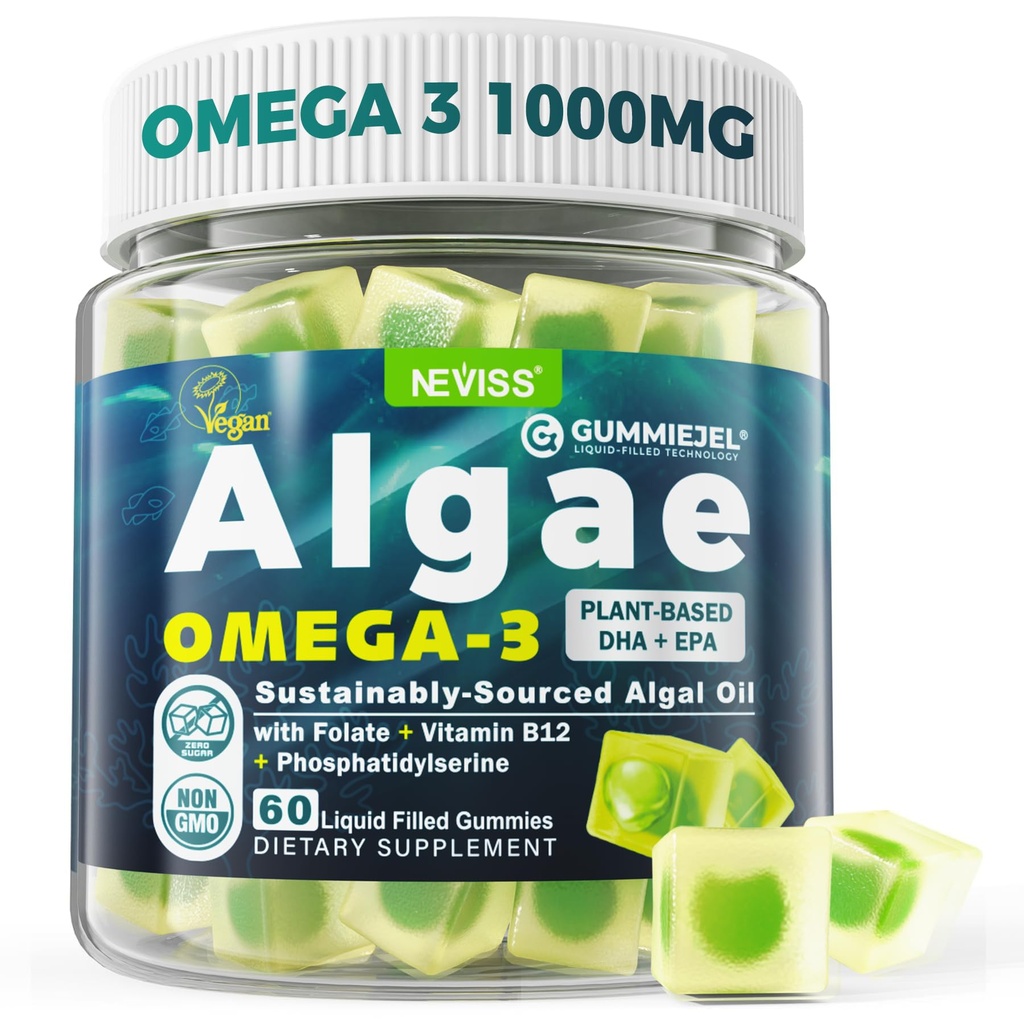 大人のためのビーガンオメガ-3グミー, 藻油から代替魚油, 植物ベースのDHA 460mg & EPA 230mgプラスメチルフレート, ビタミンB12, リンファチジルセリン, 魚の味なし, ビーガン, 砂糖無料, 60 Cts