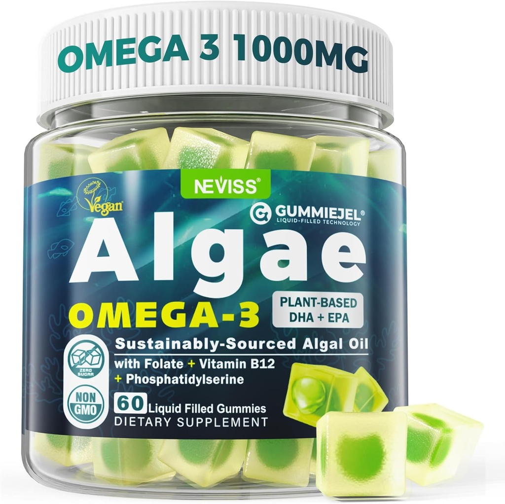 Algaeオメガ3グミー1000mg、植物ベースのDHA 460mg&EPA 230mg、オメガ3フィッシュオイル大人のための代替、プラスメチルフレート、ビタミンB12、ホスファティジルセリン、魚の味、ビーガン、砂糖無料、60Cts